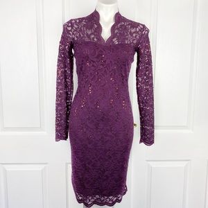 Marina Lace Long Sleeve Cocktail Dress V-Neck